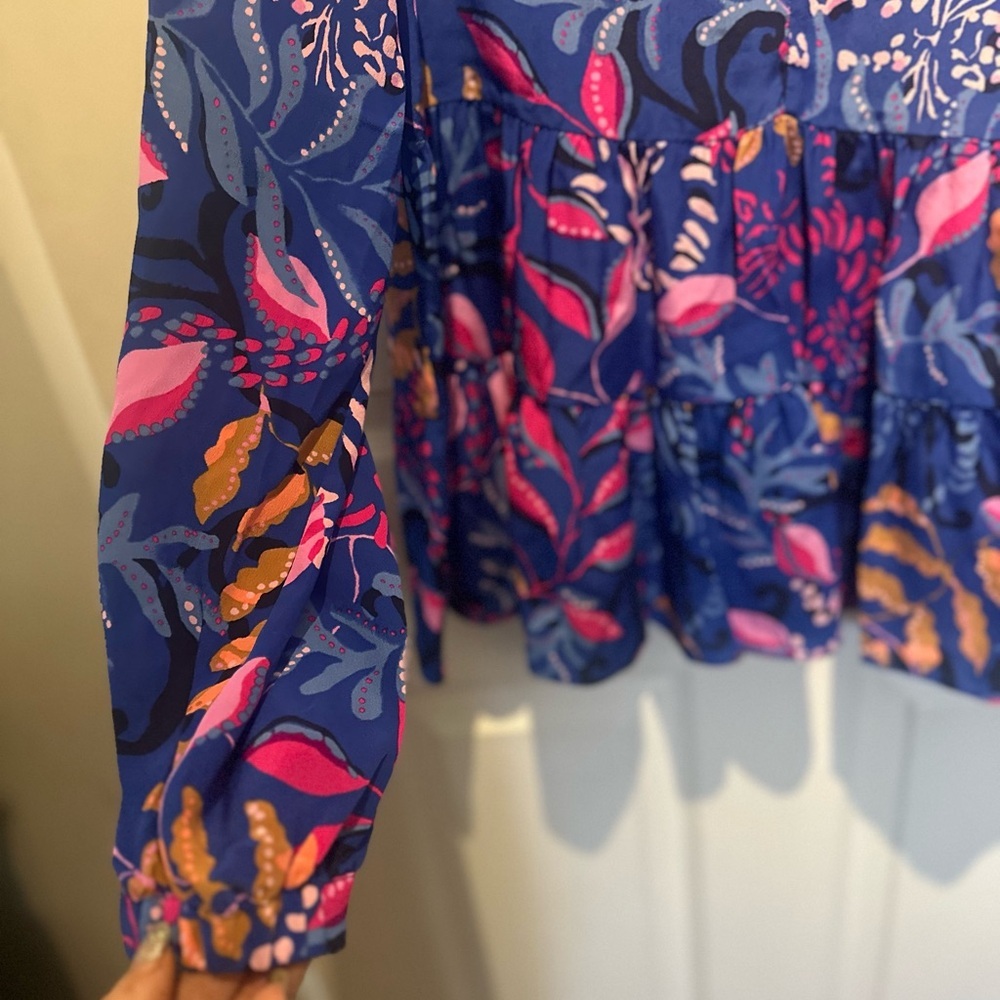 Lilly Pulitzer $198 Sarita Silk Top, Absolute Purrfection, Size 0 NWT BOHO - Picture 3 of 10